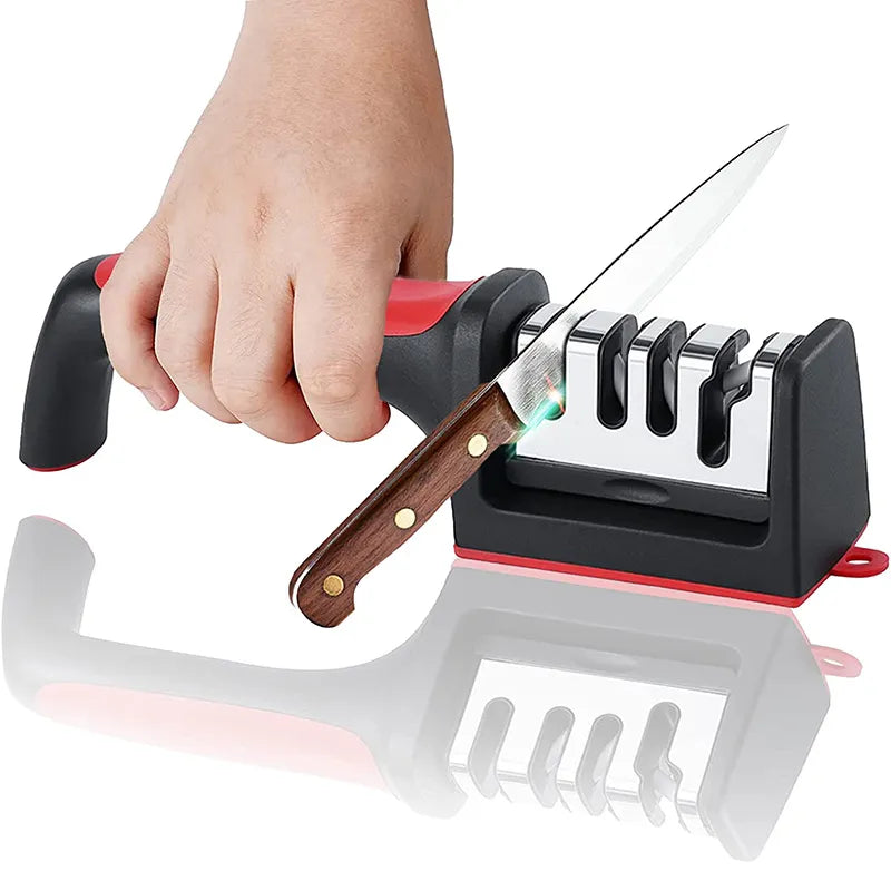 4-in-1 Knife Sharpener Stainless Steel Quick Knife Sharpening Tool Stable Non-Slip Base for kitchen knives Grip Rubber Handle