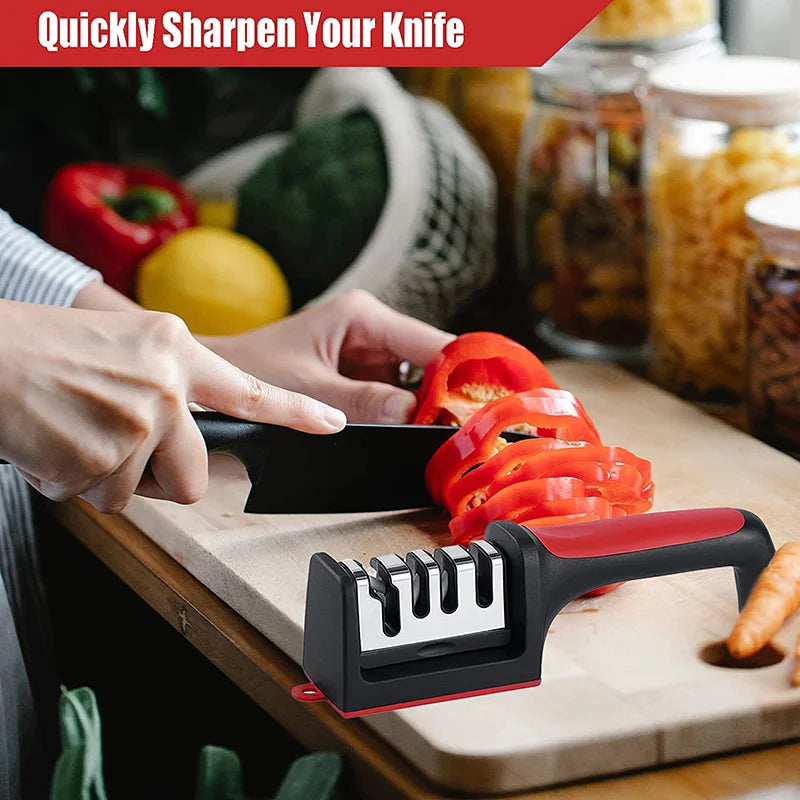 4-in-1 Knife Sharpener Stainless Steel Quick Knife Sharpening Tool Stable Non-Slip Base for kitchen knives Grip Rubber Handle